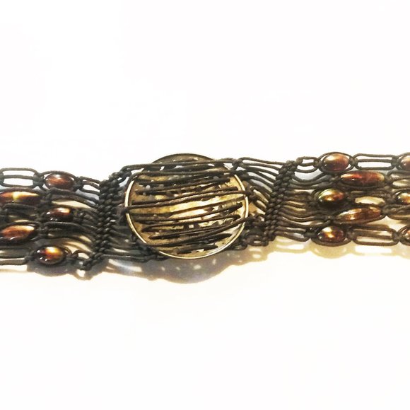 Vintage 1970's Brown Macrame Tie Belt With Glass Beads & Faux Amber Stones - Picture 10 of 11